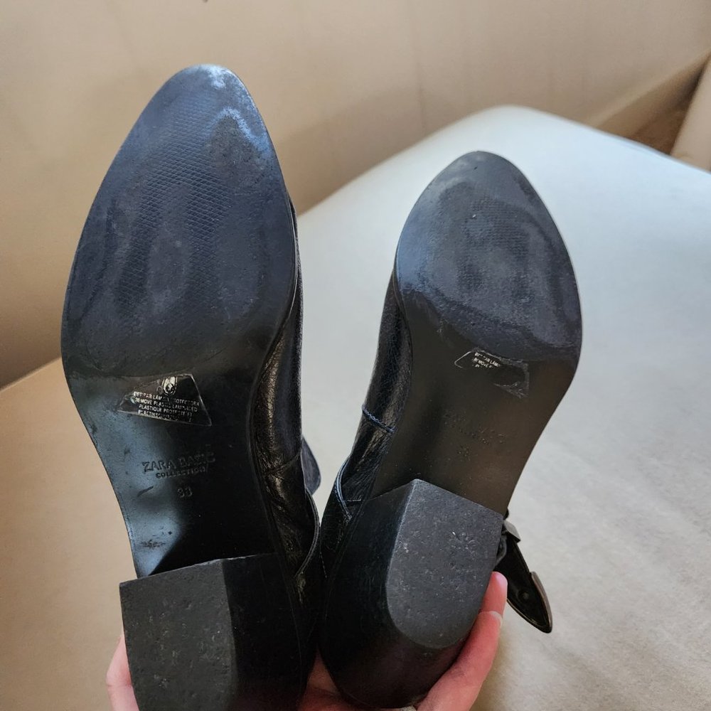 ZARA Black Leather Ankle Western Buckle Stacked Heel Boots - Picture 5 of 6